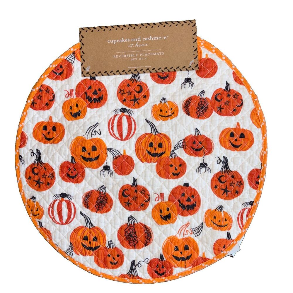 Cupcakes & Cashmere Halloween Pumpkin Quilted Reverse Placemats (4) 15” Round